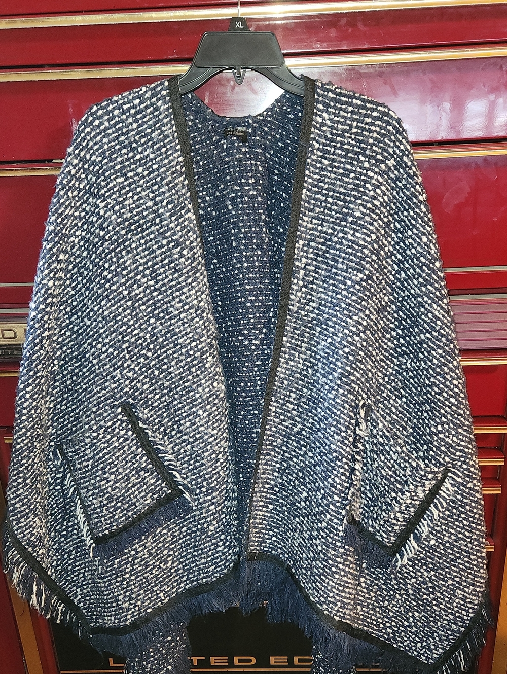 Textured Navy and White Bouclé Open-Front Cape